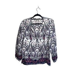 Lucky Brand White & Purple Paisley Print Split Neck Blouse Large Women’s